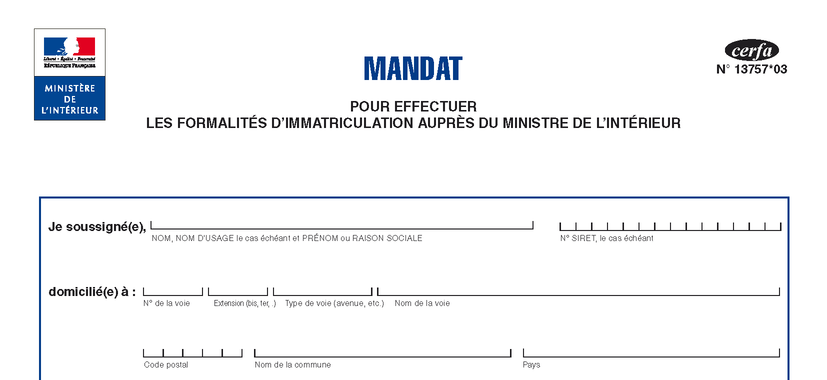 Mandat Immatriculation Formulaire Cerfa N 13757 03