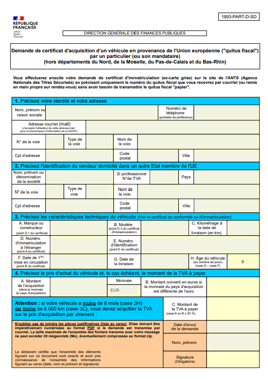 formulaire de demande de quitus fiscal (1993 part D SD)