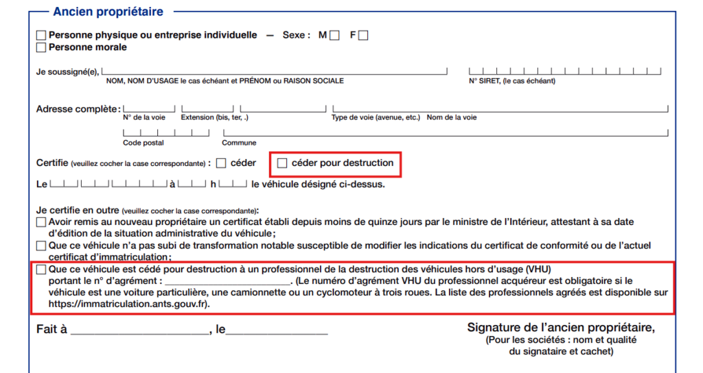 cases à cocher sur le certificat de cession en cas de destruction