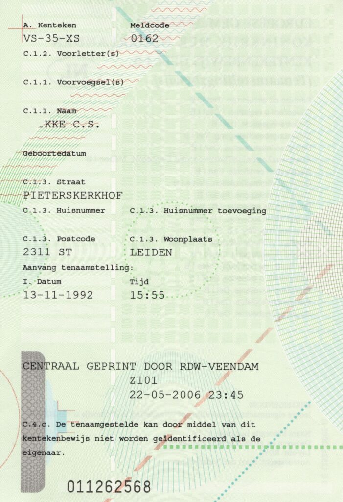 Deel 1A ancienne carte grise pays bas