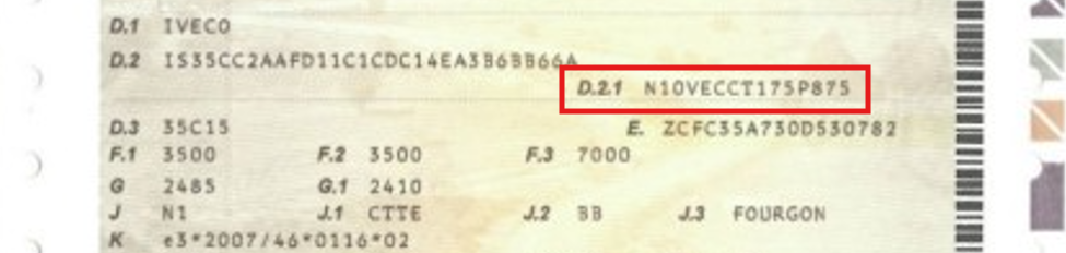 exemple d'emplacement du code CNIT sur carte grise