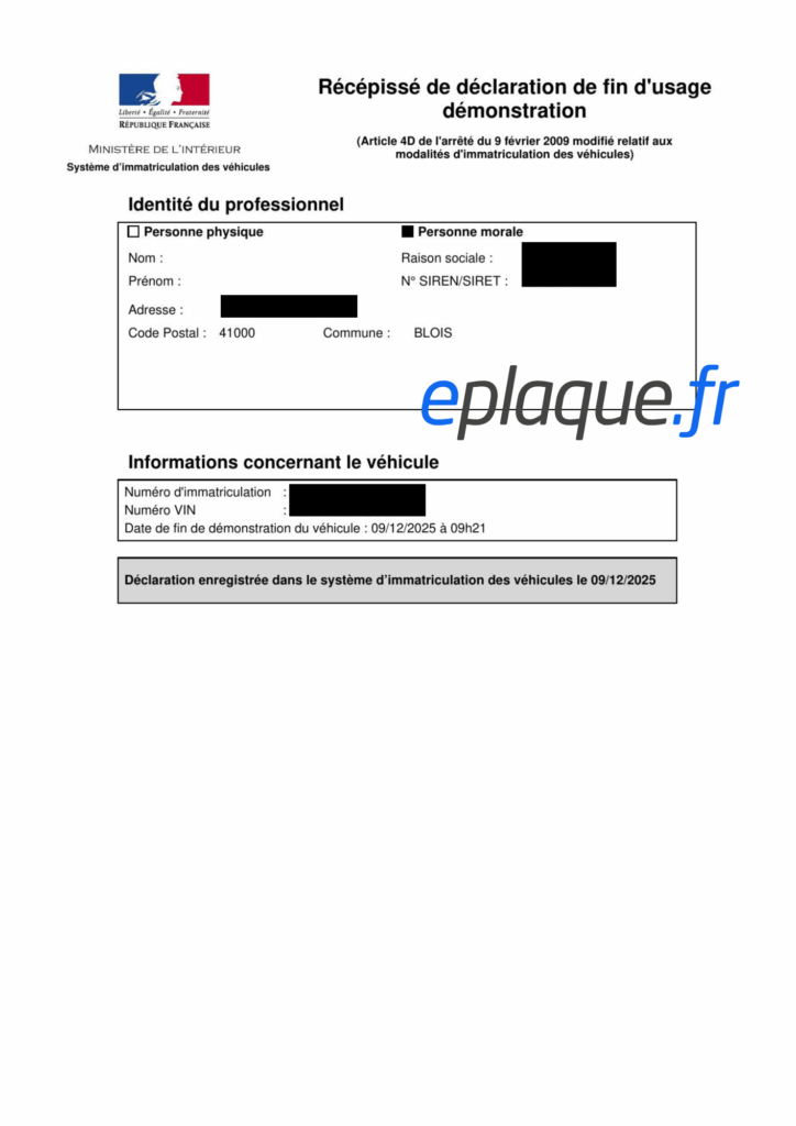 exemple de récépissé de déclaration de fin d'usage démonstration